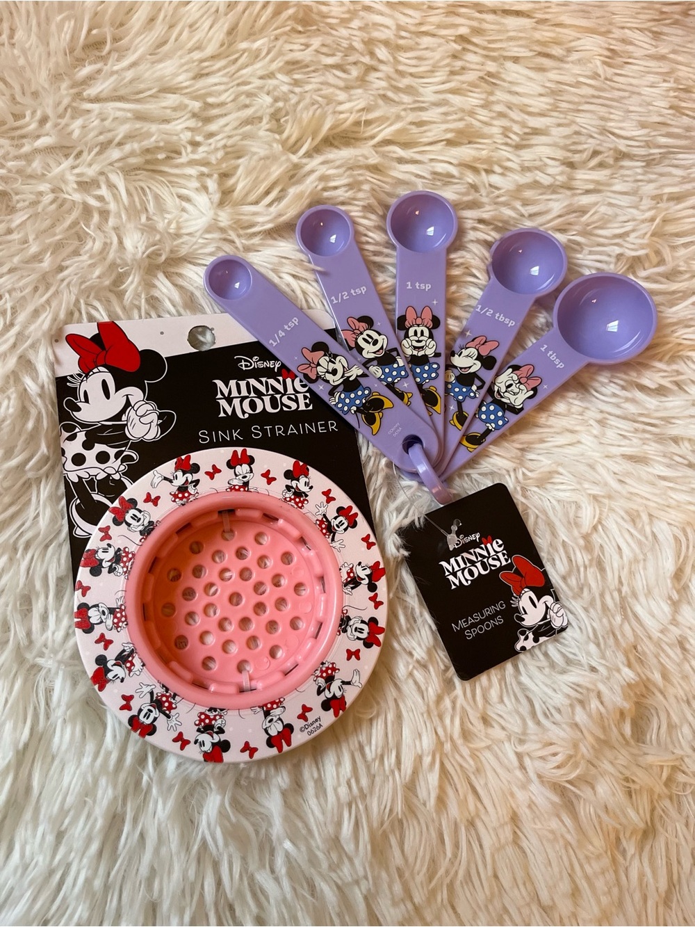 NWT Disney Minnie Mouse Pink Sink Strainer & Measuring Spoons Bundle